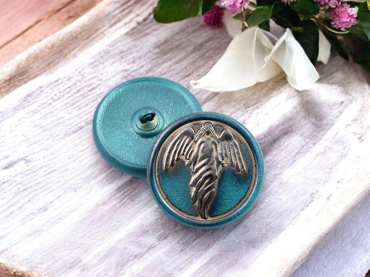 27mm Round Guardian Angel Button - Antique Teal with Platinum Wash - Czech Glass Buttons